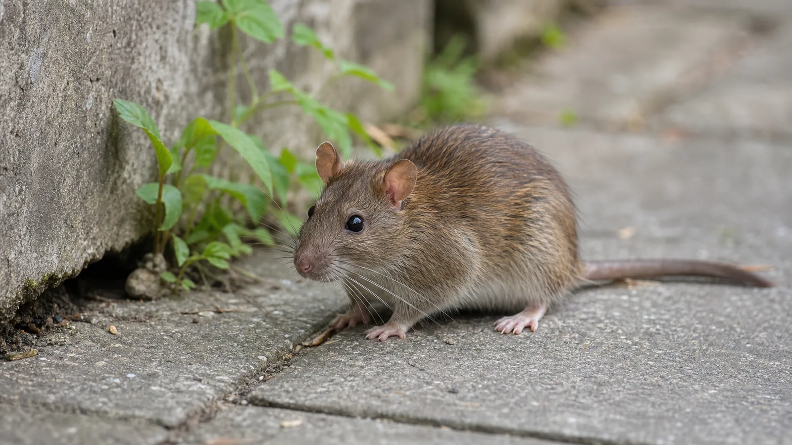 Bruine rat in een stedelijke omgeving bij bestrating en begroeiing